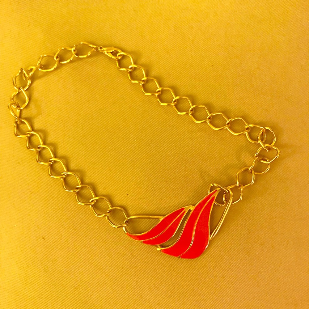Cute, Faux Gold Chain, Red Feather Necklace